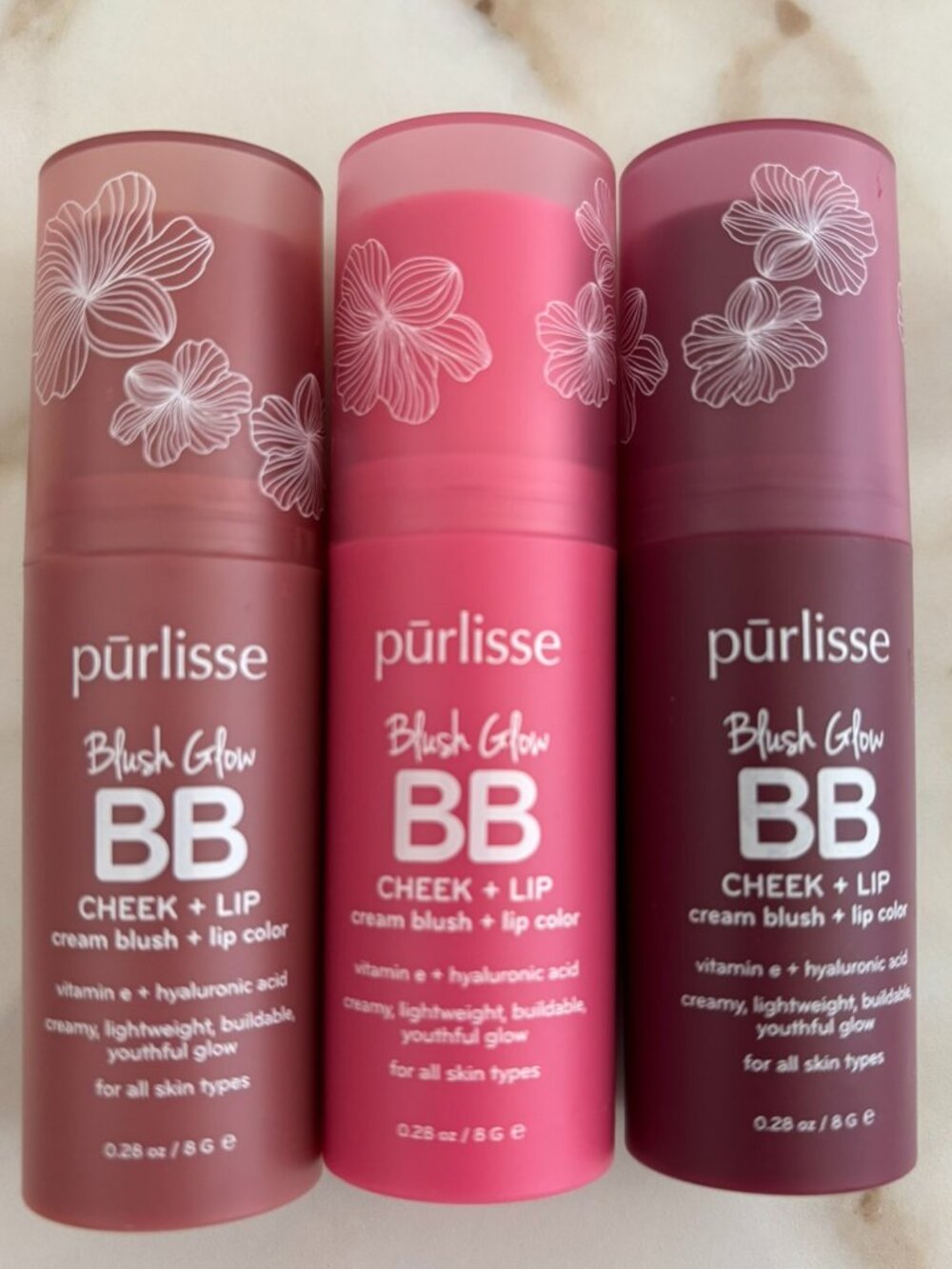Purlisse Blush Glow BB Cheek + Lip SET OF 3 BERRY BLISS PINK CRUSH NUDE SUGAR